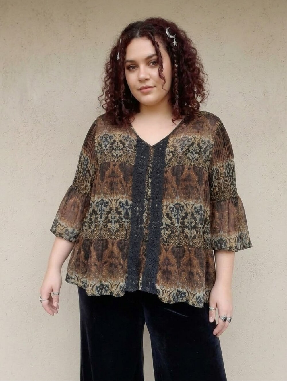Fashion Bug Women's Size 1X Brown Black Button Dark Fairy Core Bell Sleeve Top